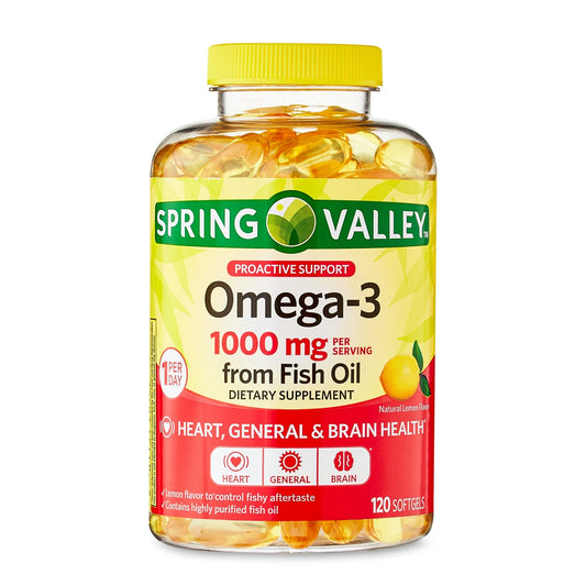 Spring Valley Apoyo Proactivo Omega-3 de Aceite de Pescado, Cápsulas Blandas de Suplemento Dietético para la Salud Del Corazón y el Cerebro, 1000 mg, 120 Unidades