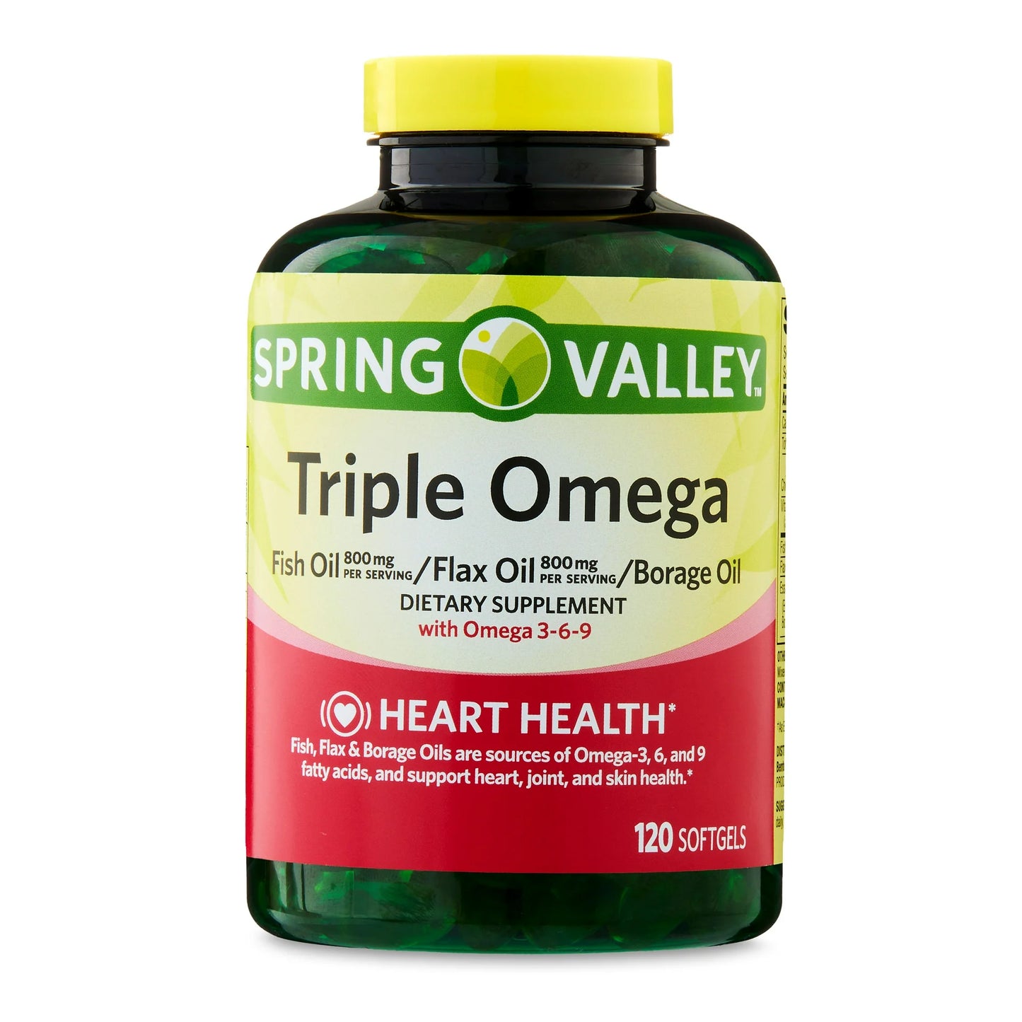 Spring Valley Triple Omega, Pescado 800 Mg, Lino 800 Mg y Cápsulas Blandas de Aceite de Borraja, Suplemento para la Salud Del Corazón, 120 Unidades