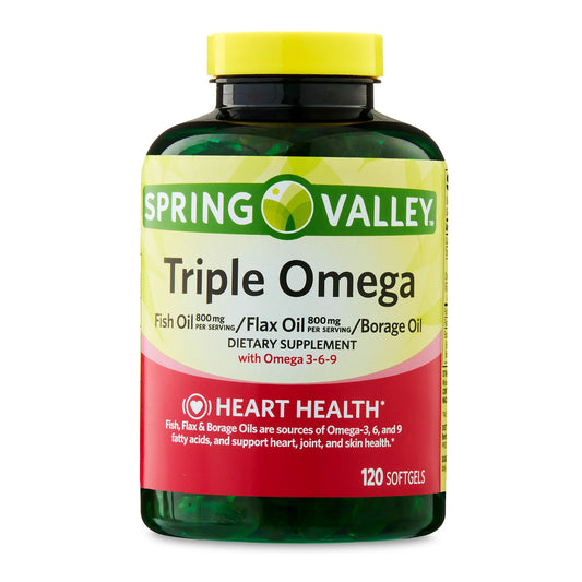 Spring Valley Triple Omega, Pescado 800 Mg, Lino 800 Mg y Cápsulas Blandas de Aceite de Borraja, Suplemento para la Salud Del Corazón, 120 Unidades
