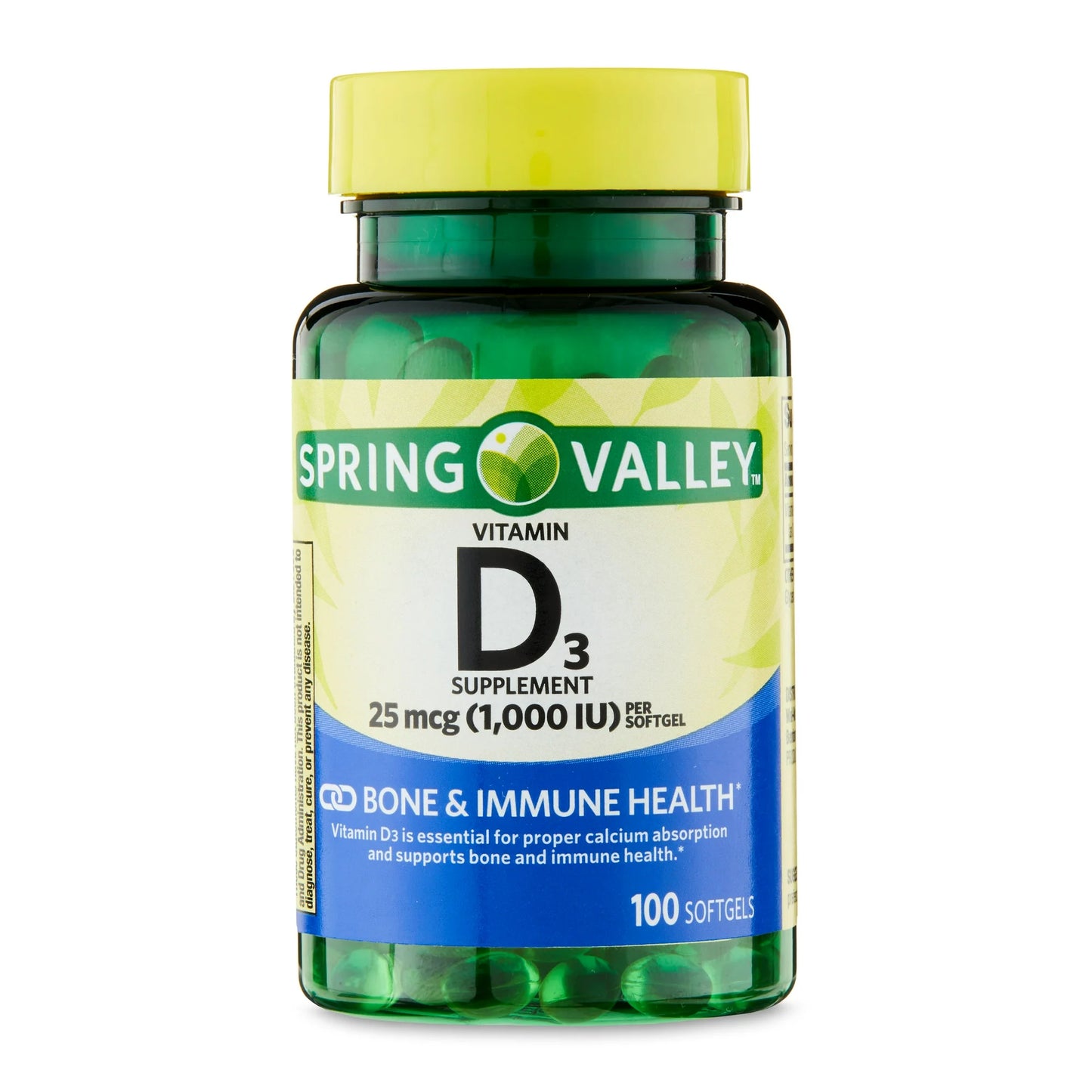 Spring Valley Vitamina D3 Cápsulas Blandas de Suplemento Dietético para la Salud Sea E Inmune, 25 Mcg, 100 Unidades