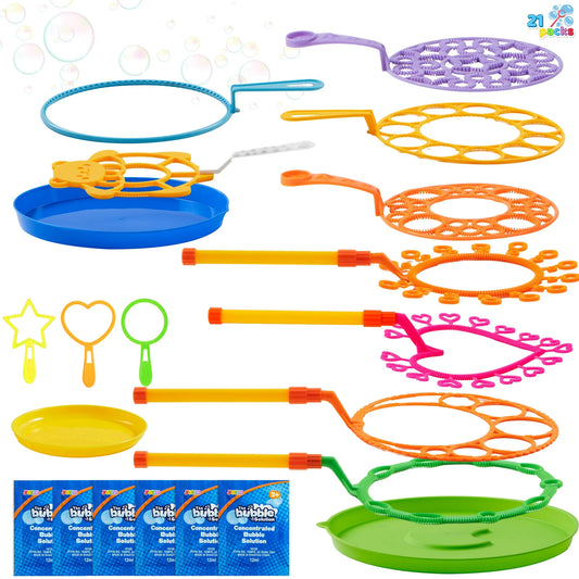 Syncfun Juego de 12 Varitas Gigantes de Burbujas de 21" con Bandeja para Niños, Verano, Juego Al Aire Libre, Fiesta de Cumpleaños, Juegos, 6 Pzas de Solución de Burbujas Apta para Personas de Todas las Edades