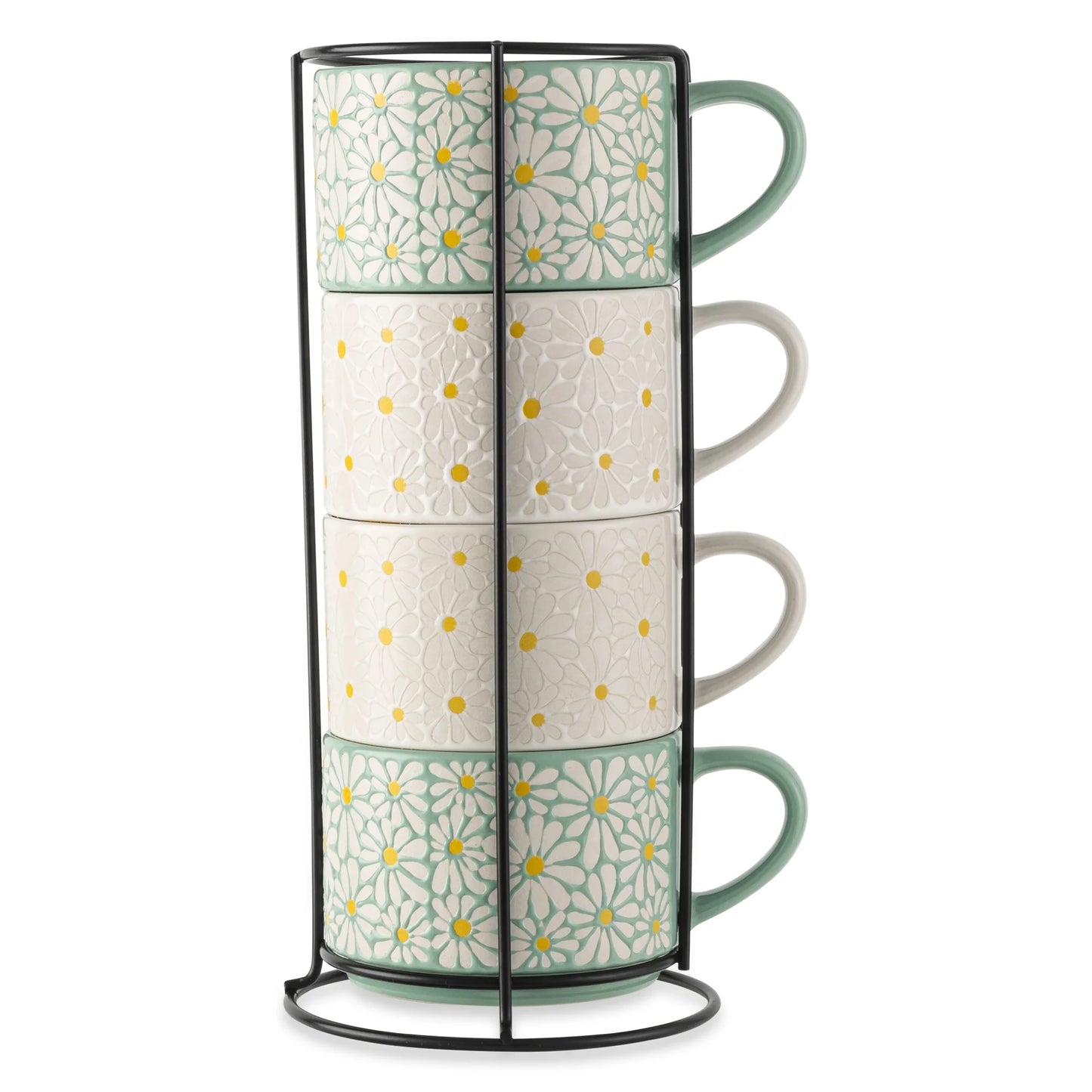 Thyme & Table Paquete de 4 Blancos Apilables and Verde Floral Mugs 11.1 fl oz, Gres