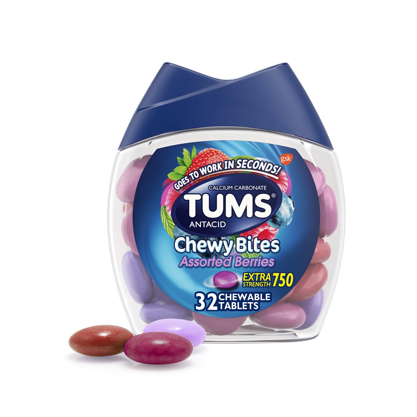 Tums Chewy Bites Tabletas Antiácidas Masticables para Aliviar la Acidez Estomacal, Baya, 32 Unidades