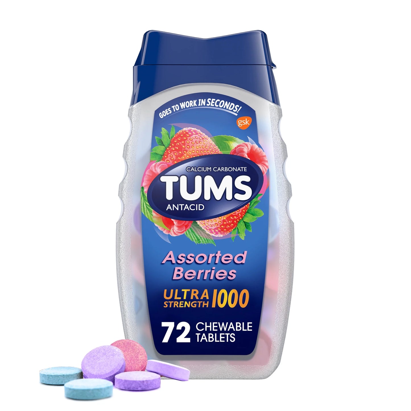 Tums Alivio de la Acidez Estomacal de Máxima Potencia Chewable Antacid Tablets, Bayas, 72 Unidades