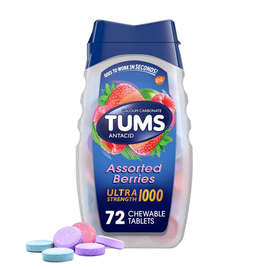 Tums Alivio de la Acidez Estomacal de Máxima Potencia Chewable Antacid Tablets, Bayas, 72 Unidades