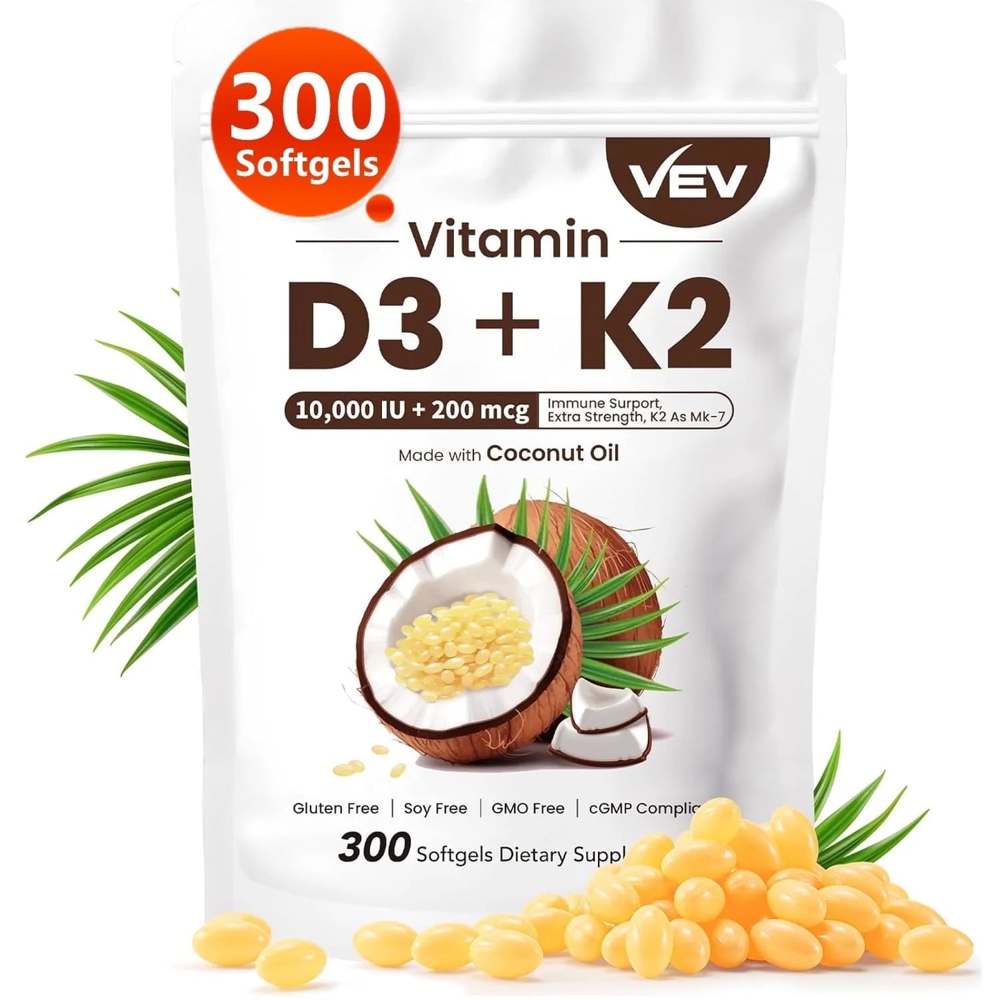 VEV Vitamina D3 K2 con Aceite de Coco Virgen, D3 10000IU+K2 200mcg, 300 Cápsulas Blandas
