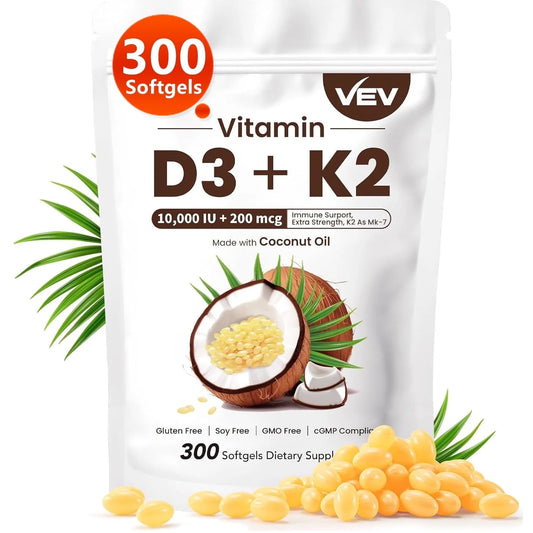 VEV Vitamina D3 K2 con Aceite de Coco Virgen, D3 10000IU+K2 200mcg, 300 Cápsulas Blandas