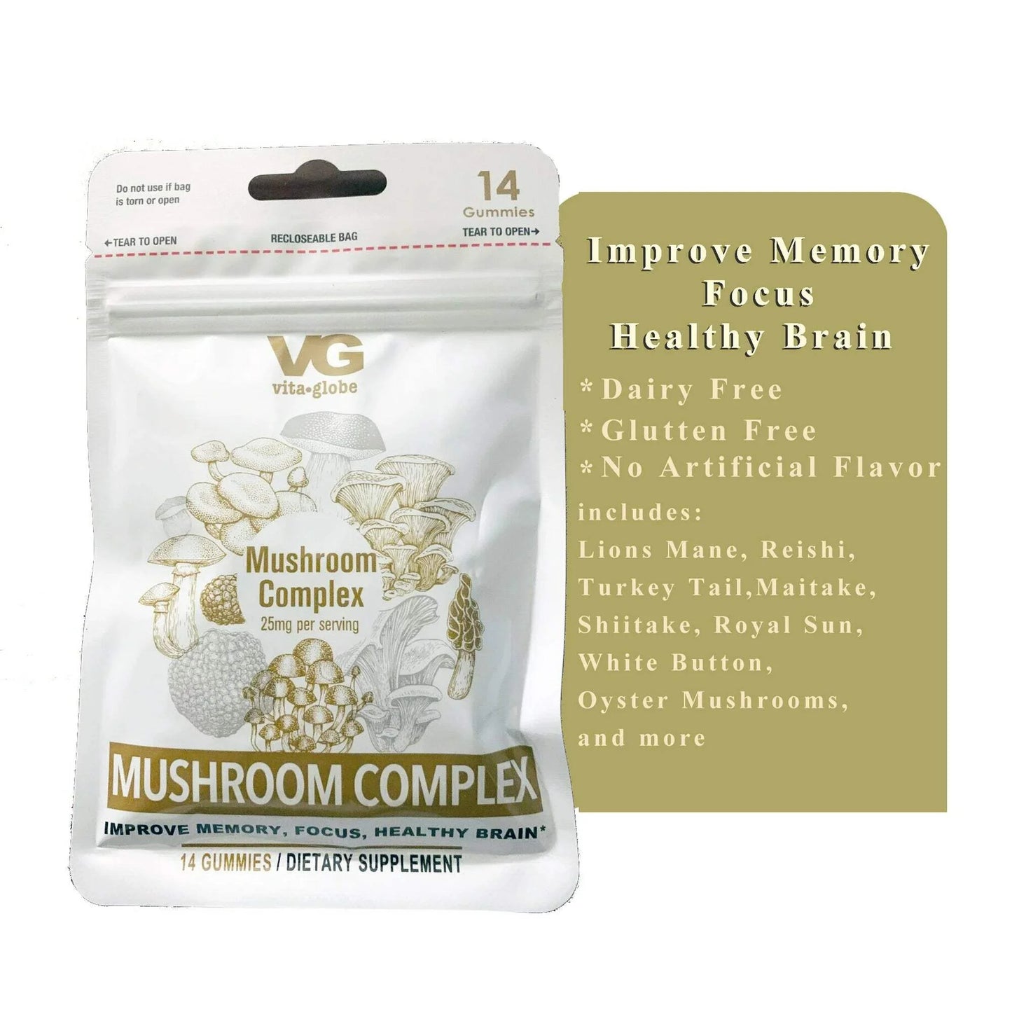 Complejo de Hongos VG 25 Mg por Porción, Paquete de 14 Gomitas Que Mejoran la Memoria y Concentran el Cerebro Saludable Vita Globe