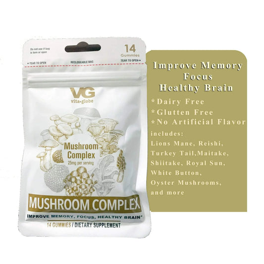 Complejo de Hongos VG 25 Mg por Porción, Paquete de 14 Gomitas Que Mejoran la Memoria y Concentran el Cerebro Saludable Vita Globe