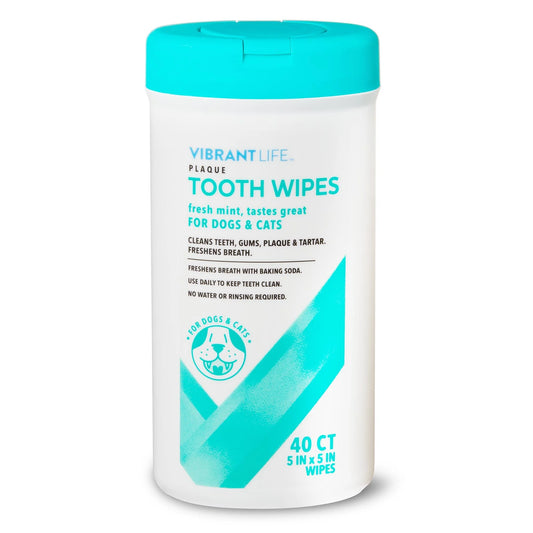 Vibrant Life Toallitas Dentales con Placa para Perros y Gatos, 40 Unidades para Limpiar los Dientes de Sus Mascotas.