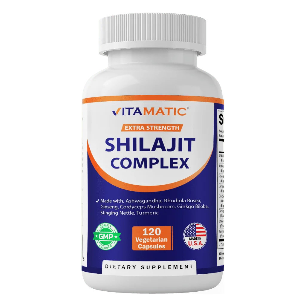 Cápsulas Vitamatic Shilajit Complex, Equivalente a 9000 Mg, con Ashwagandha, Rhodiola, Ginseng, Cordyceps, Ginkgo, Nettle, Cúrcuma - 120 Cápsulas Vegetales