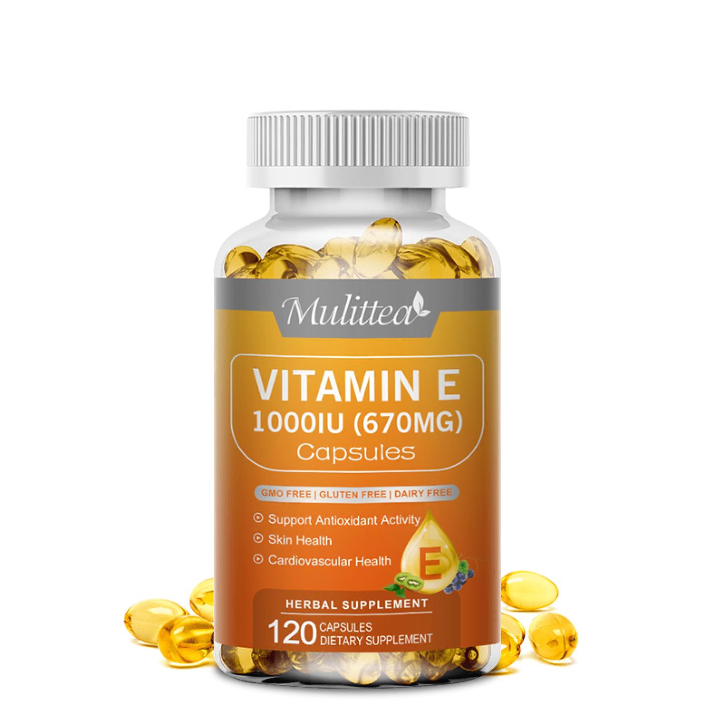 Vitamina E 1000IU Cápsulas de 670 Mg (D-alfa Tocoferol), Apoyan el Antioxidante y el Sistema Inmunológico, 120 Uds
