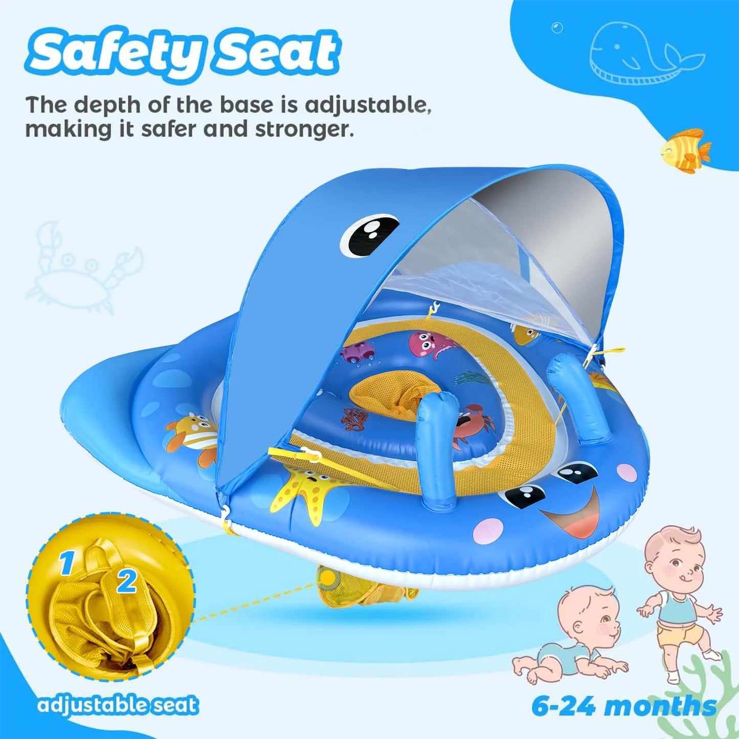 Ucradle Flotador de Piscina para Bebés con Dosel UPF50+ Protección Solar, Anillo de Natación Inflable para Bebés de 6 a 24 Meses con Asiento de Seguridad Ajustable