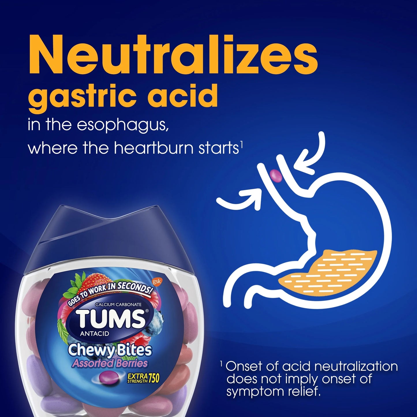 Tums Chewy Bites Tabletas Antiácidas Masticables para Aliviar la Acidez Estomacal, Baya, 32 Unidades