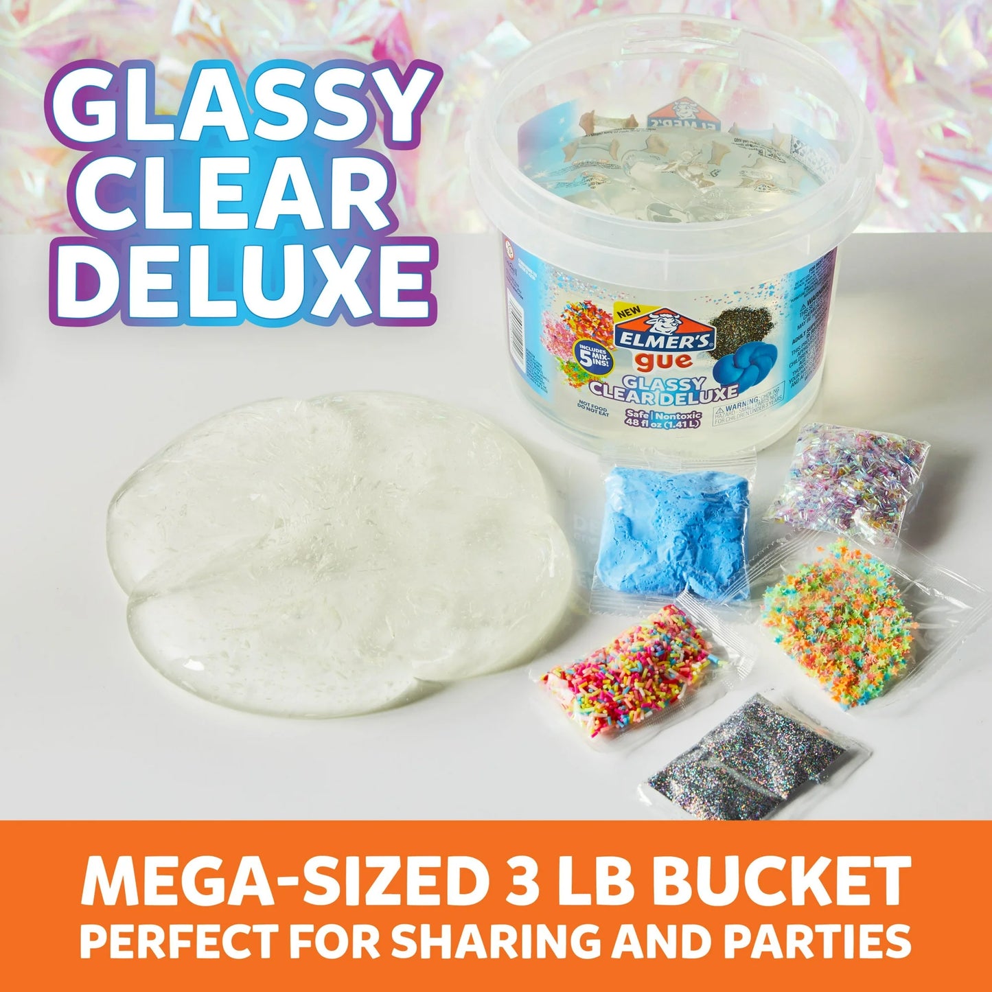 Elmer's Glue Slime Prehecho, Slime Claro y Vidrioso, Incluye 5 Juegos de Aditivos para Slime, Cubeta de 3 lb.