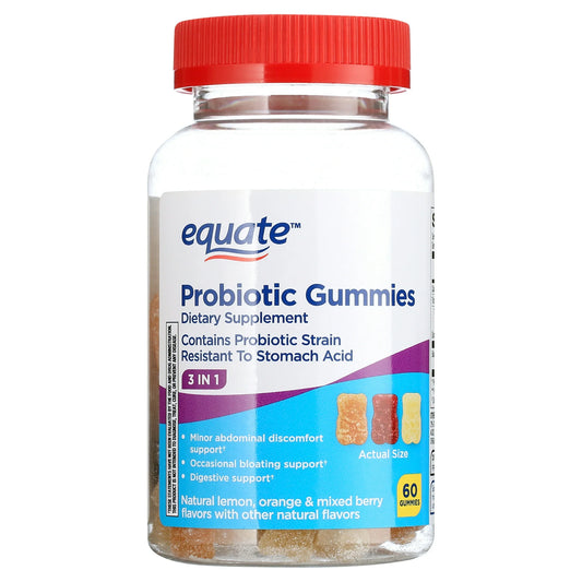 Equate Suplemento Dietético Probiótico Diario 3 en 1 Gomitas, Sabores Naturales a Frutas, 60 Unidades, Unisex