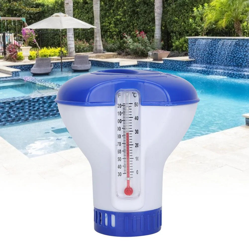 EBTOOLS Dispensador de Tabletas Flotante, Dispensador de Cloro Químico para Piscinas Flotantes con Soporte para Tabletas Termómetro, Dispensador de Tabletas Flotantes para Piscinas
