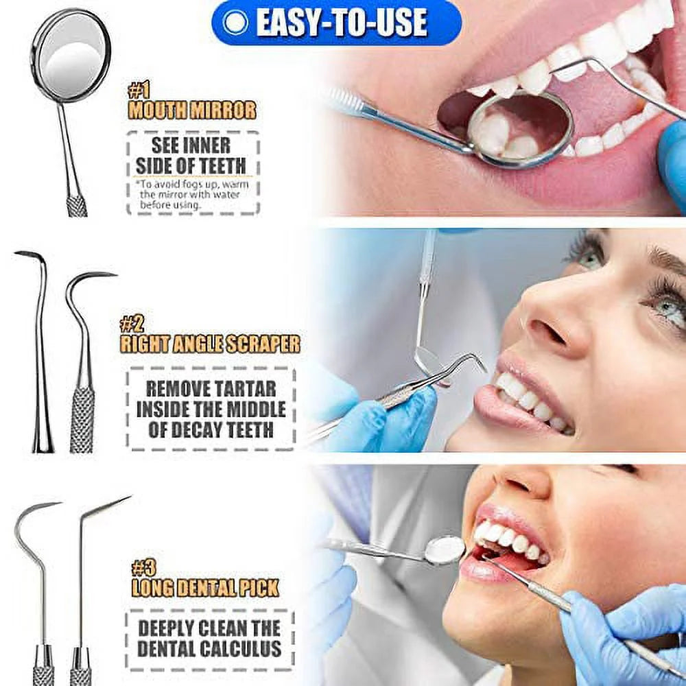 Dental Tools, 10 Pack Professional Plaque Remover Teeth Cleaning Tools Set, Stainless Steel Oral Care Hygiene Kit with Metal Plaque Cleaner, Tartar Scraper, Tooth Scaler, Tongue Scraper - with Case