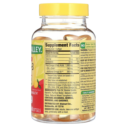 Aceite de pescado Omega-3 de Spring Valley, para la salud del corazón y el cerebro, suplemento dietético en cápsulas blandas, 1000 mg, 60 unidades