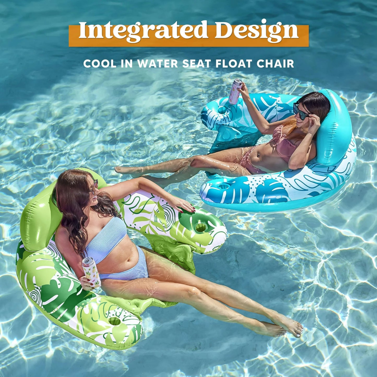 SYNCFUN Flotadores Inflables para Piscina para Adultos, 2 Packs de Flotador para Silla de Piscina con 2 Portavasos, Tumbonas de Piscina para Piscina, Lago, Viaje, Playa