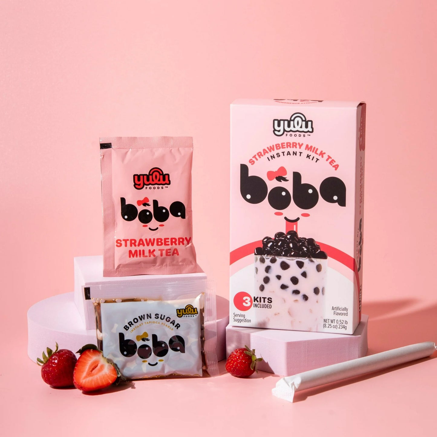 Yulu Té Instantáneo de Leche de Fresa Boba, Kit de Té de Burbujas, 3 Bebidas