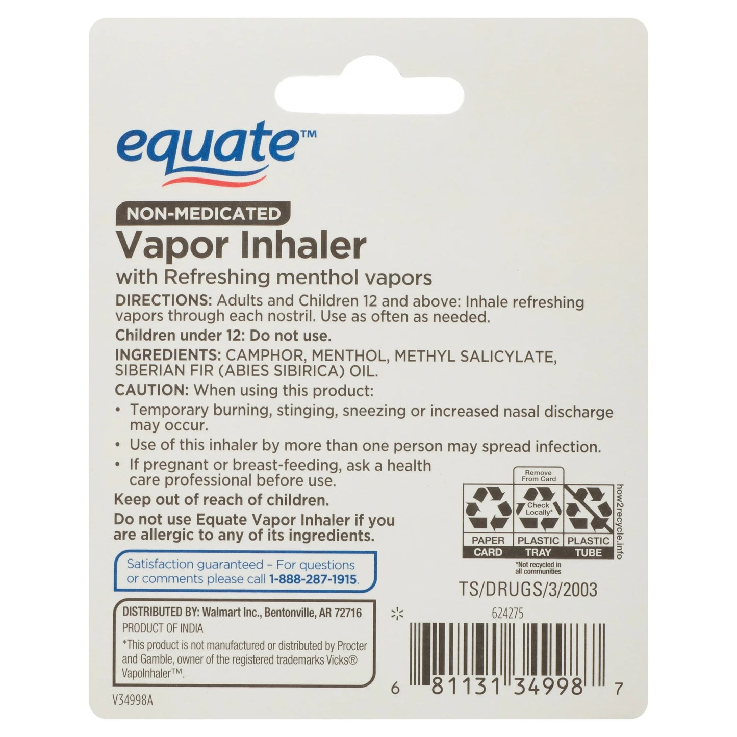 Equate Barra de Inhalador de Vapor No Medicado Aroma a Mentol - 1 Paquete