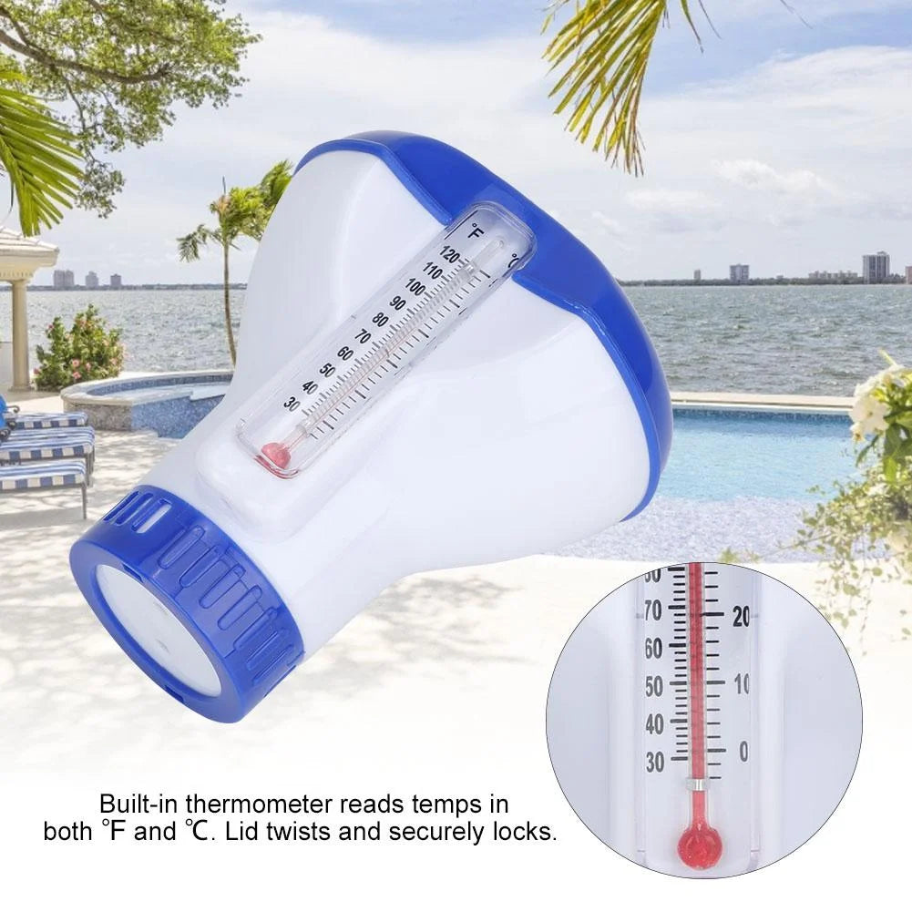 EBTOOLS Dispensador de Tabletas Flotante, Dispensador de Cloro Químico para Piscinas Flotantes con Soporte para Tabletas Termómetro, Dispensador de Tabletas Flotantes para Piscinas