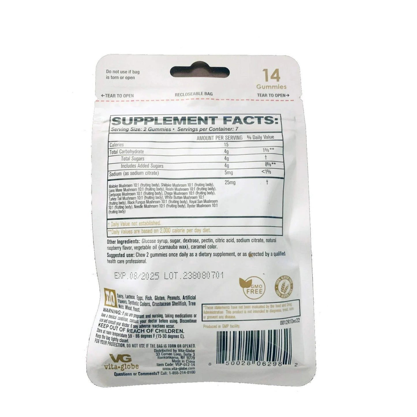 Complejo de Hongos VG 25 Mg por Porción, Paquete de 14 Gomitas Que Mejoran la Memoria y Concentran el Cerebro Saludable Vita Globe