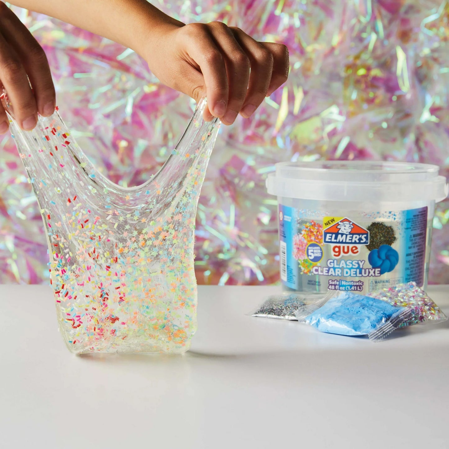 Elmer's Glue Slime Prehecho, Slime Claro y Vidrioso, Incluye 5 Juegos de Aditivos para Slime, Cubeta de 3 lb.